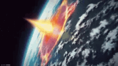 animated image of a meteor hitting Earth and causing a huge explosion.